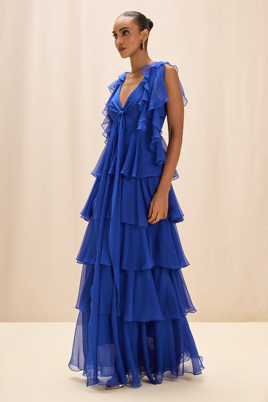 VESTIDO LONGO SILKY PLISSE ÉCHO AZUL