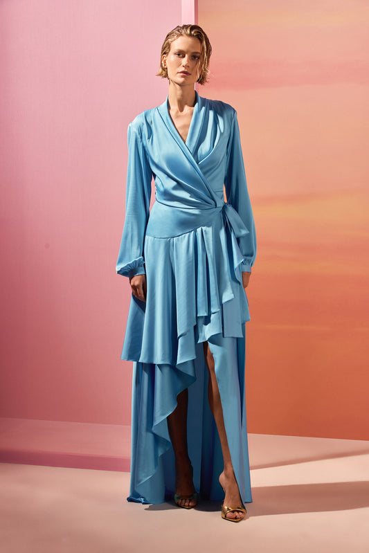 VESTIDO LONGO CETIM ACQUA AZUL