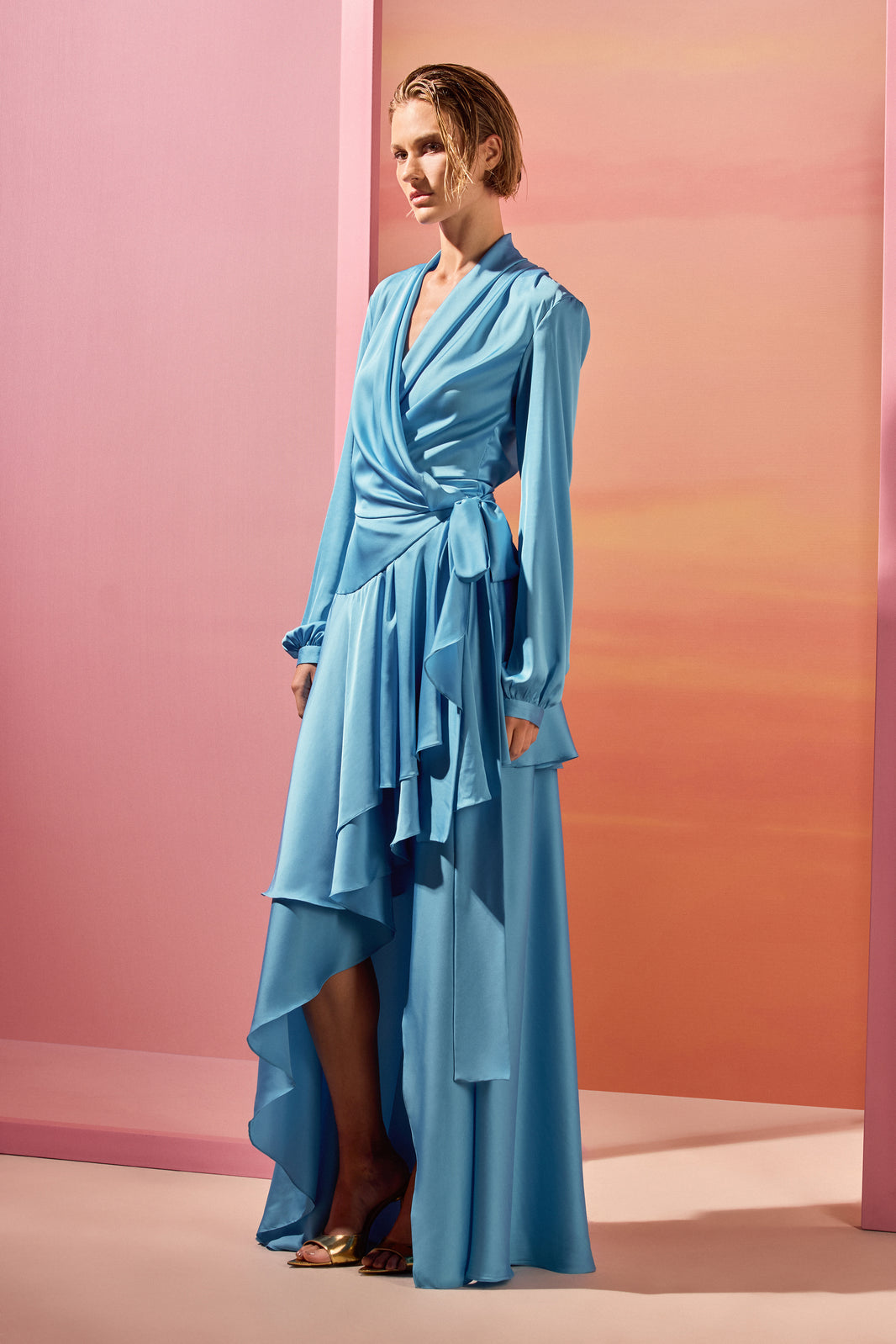 VESTIDO LONGO CETIM ACQUA AZUL