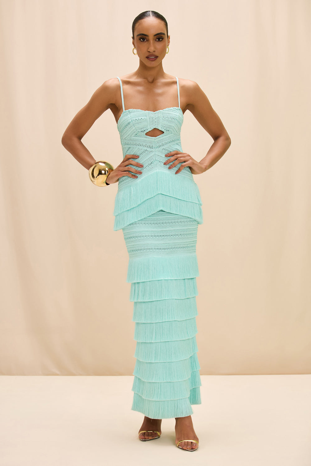 VESTIDO LONGO CLARA FRINGE AZUL CLARO