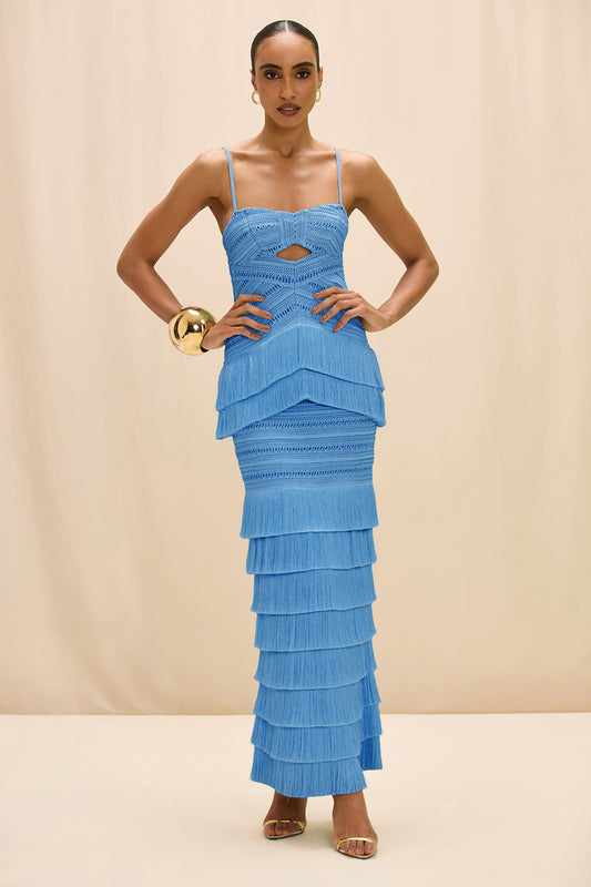VESTIDO LONGO CLARA FRINGE AZUL