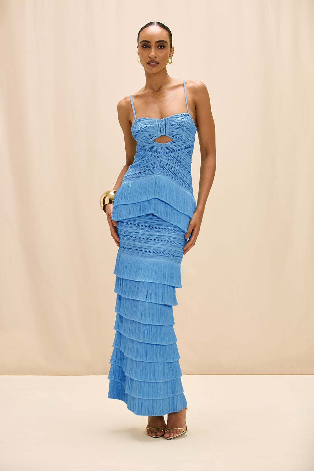 VESTIDO LONGO CLARA FRINGE AZUL