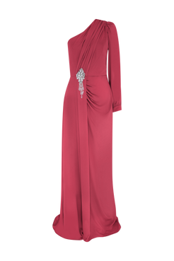VESTIDO LONGO OMBRO ÚNICO CREPE GRACE  VERMELHO ESCURO