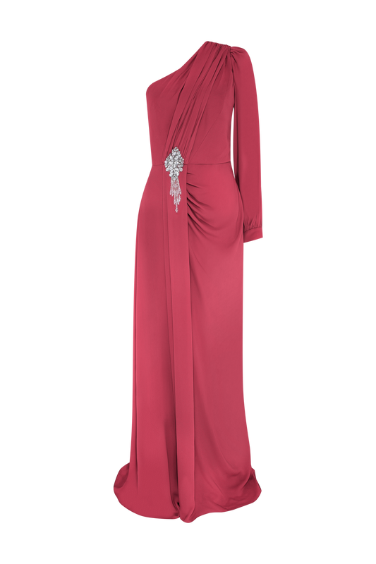 VESTIDO LONGO OMBRO ÚNICO CREPE GRACE  VERMELHO ESCURO