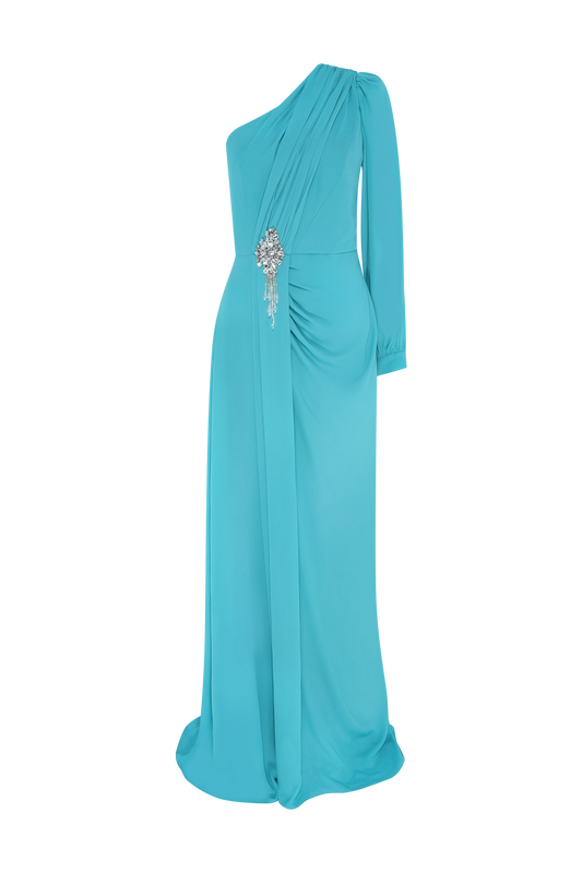 VESTIDO LONGO OMBRO ÚNICO CREPE GRACE  AZUL