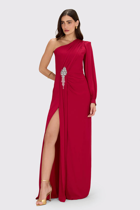 VESTIDO LONGO OMBRO ÚNICO CREPE GRACE  VERMELHO ESCURO