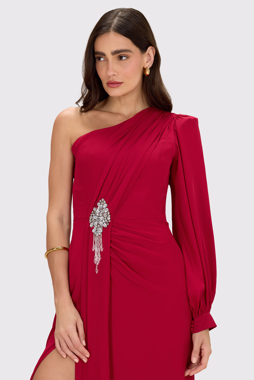 VESTIDO LONGO OMBRO ÚNICO CREPE GRACE  VERMELHO ESCURO