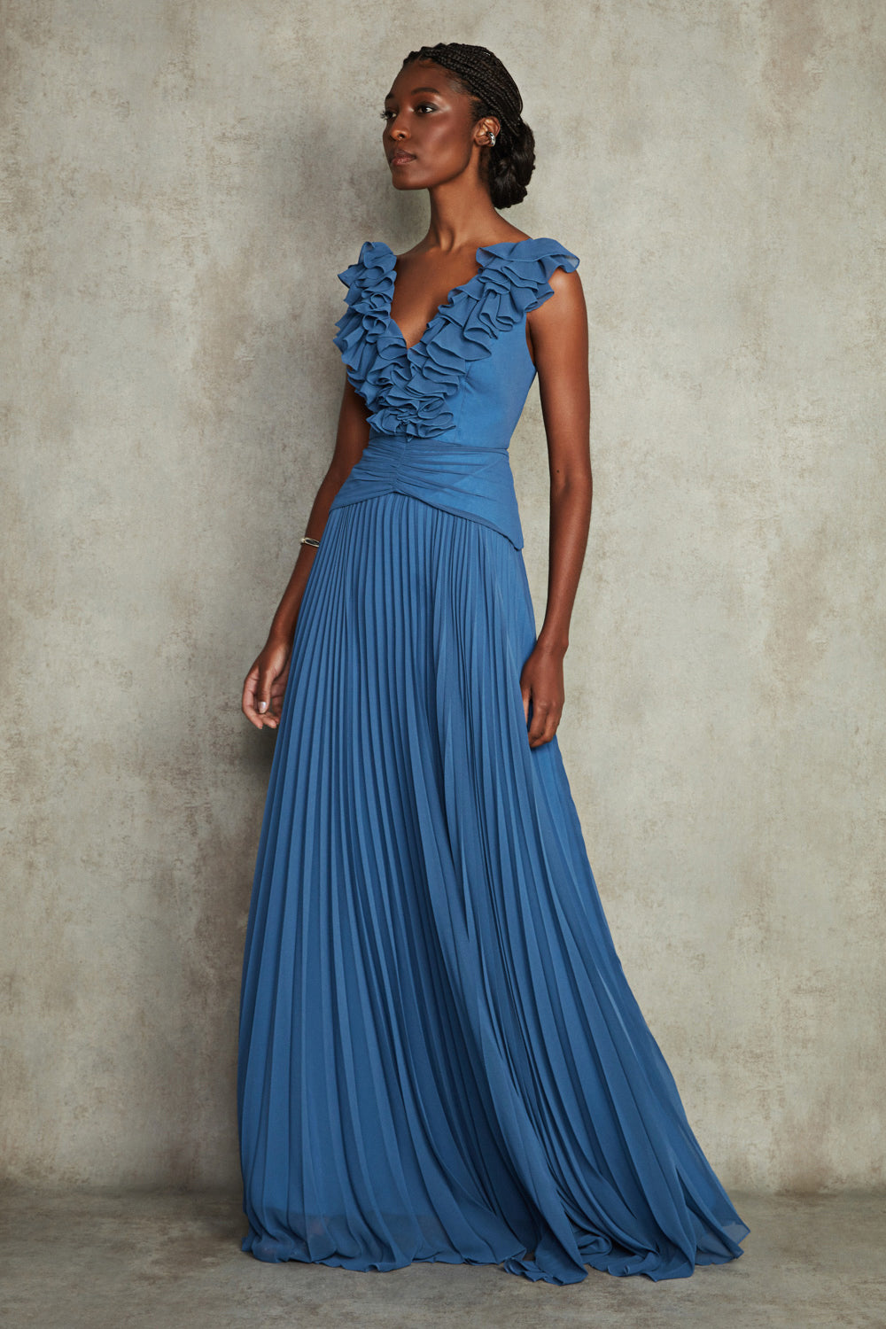 VESTIDO LONGO SILK PLISSE MAYA AZUL