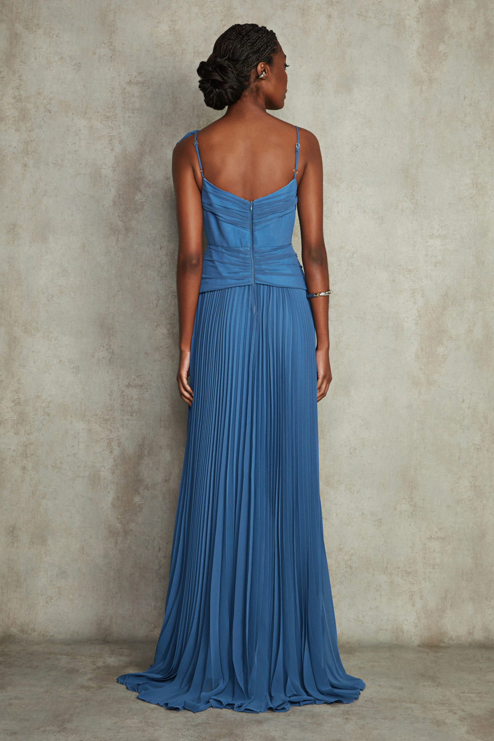 VESTIDO LONGO SILK PLISSE MAYA AZUL