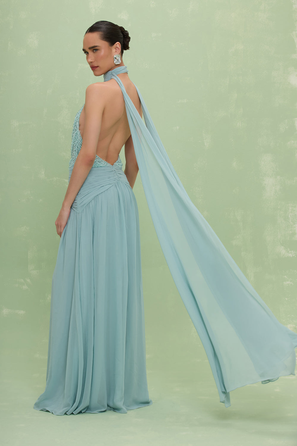 VESTIDO LONGO SILK PLISSE LILA AZUL ESVERDEADO