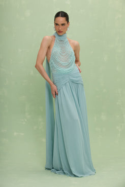 VESTIDO LONGO SILK PLISSE LILA AZUL ESVERDEADO