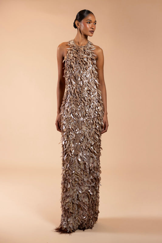 VESTIDO LONGO TULE  BRONZE MARROM