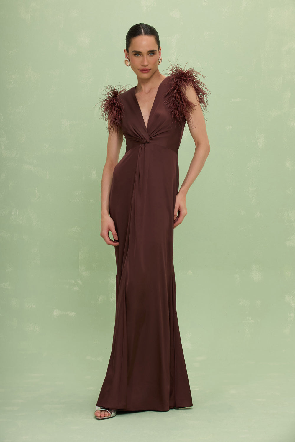 VESTIDO LONGO CETIM ISABEL MARROM