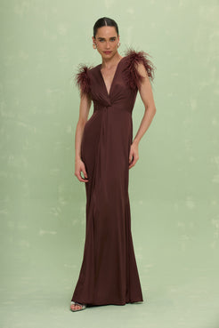 VESTIDO LONGO CETIM ISABEL MARROM