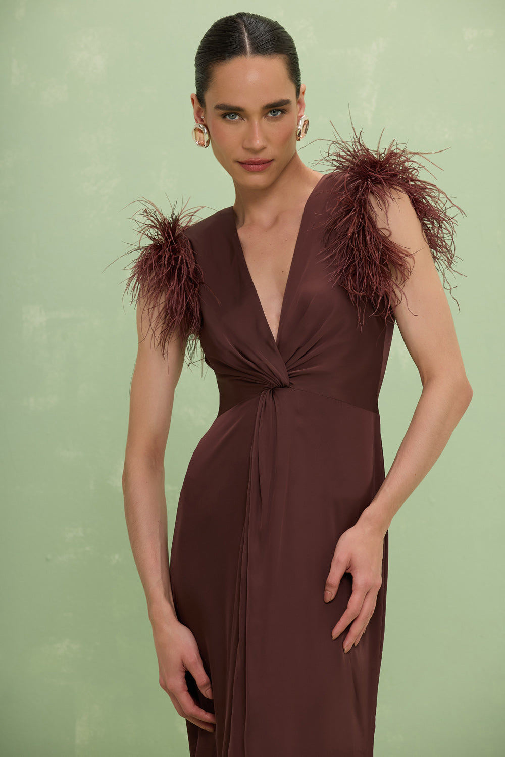 VESTIDO LONGO CETIM ISABEL MARROM