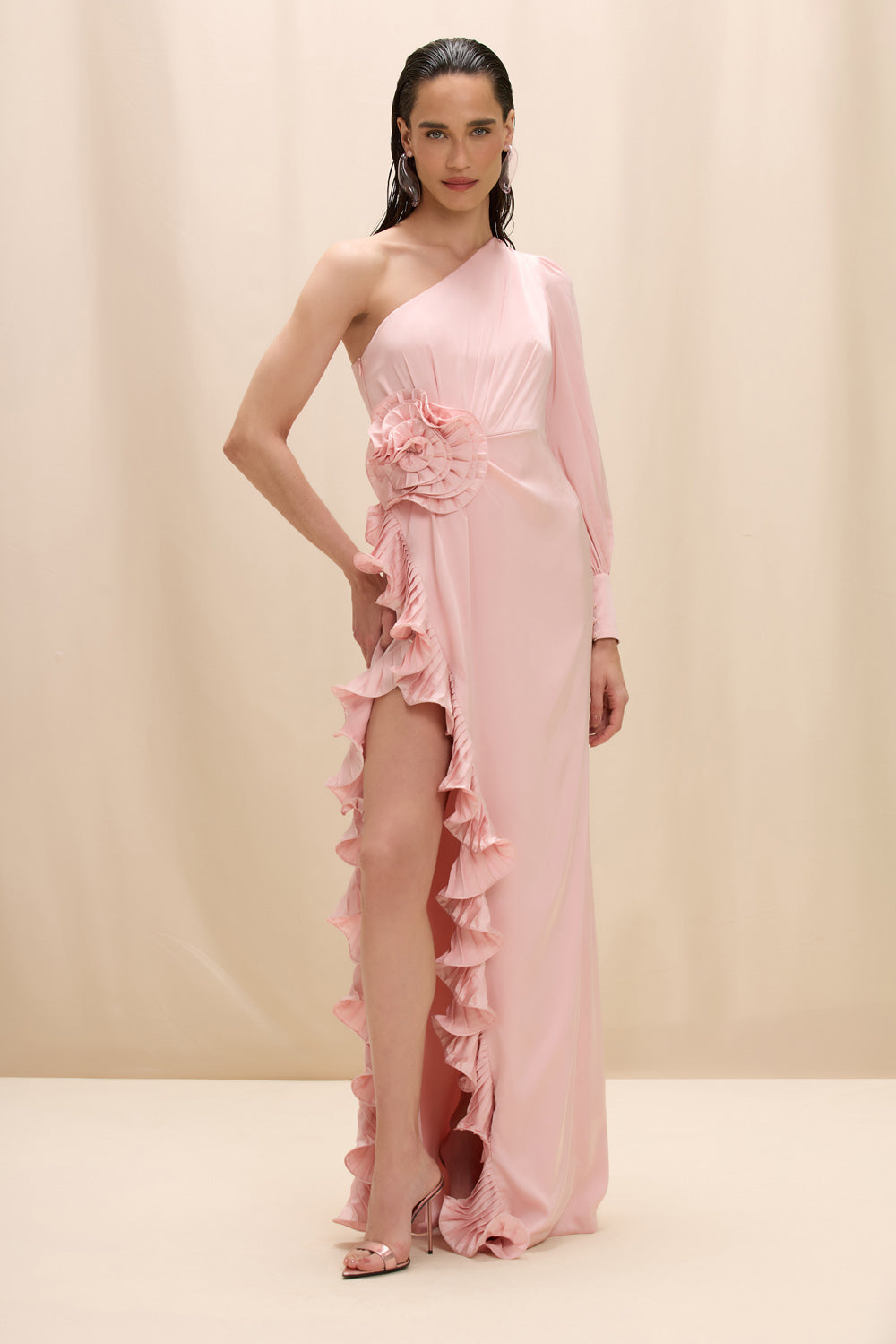 VESTIDO LONGO CETIM ISABEL ROSA CLARO
