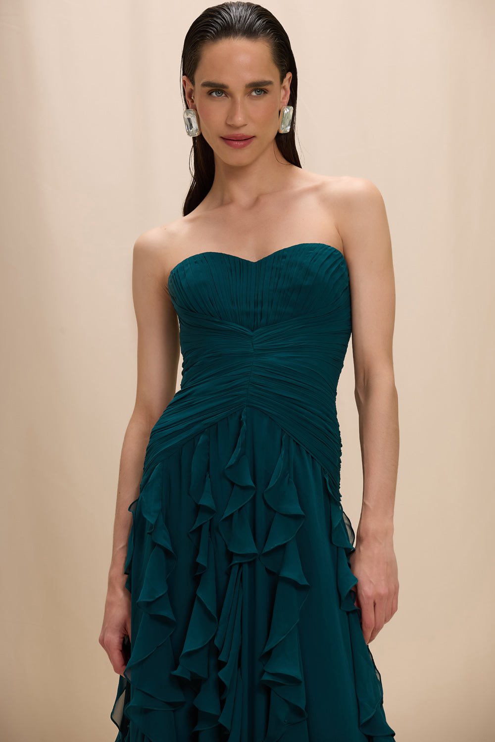 VESTIDO LONGO SILK PLISSE LILA VERDE ESCURO
