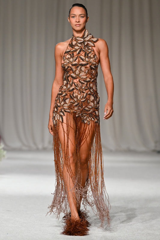VESTIDO LONGO TULE  BRONZE MARROM