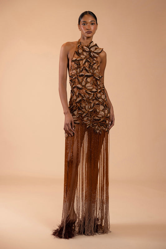 VESTIDO LONGO TULE  BRONZE MARROM