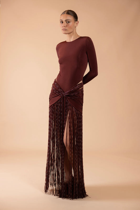 VESTIDO LONGO TAFETÁ TARSILA MARROM