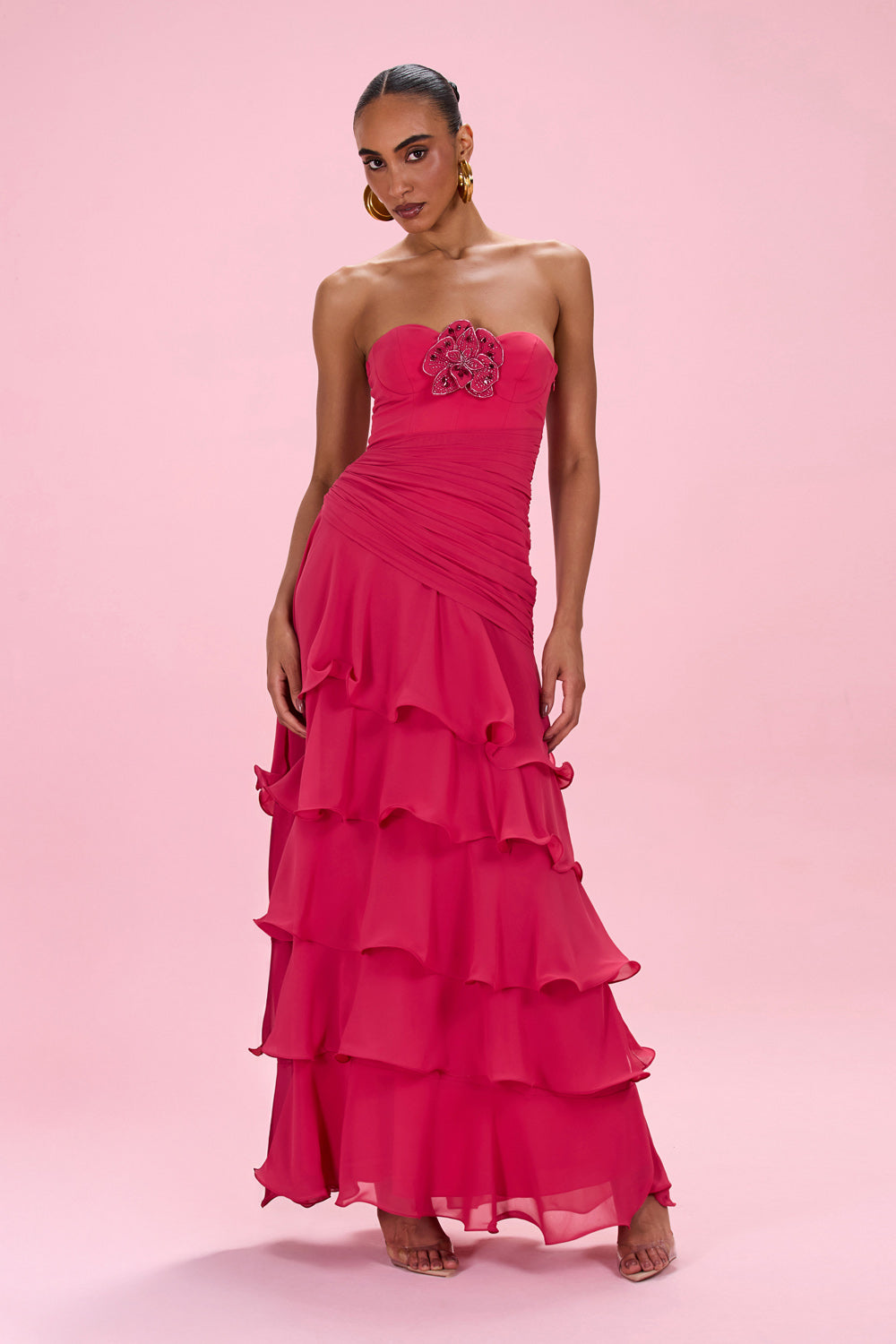 VESTIDO LONGO FLORAL CHIFFON VERMELHO