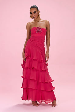 VESTIDO LONGO FLORAL CHIFFON VERMELHO