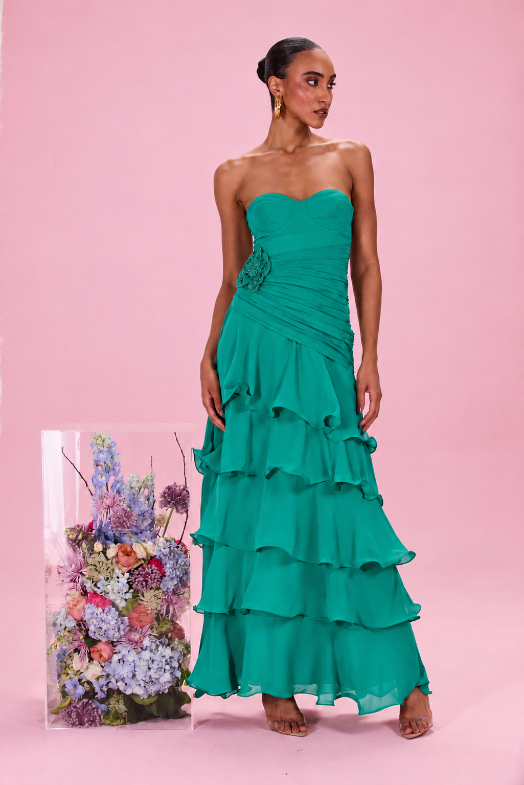 VESTIDO LONGO FLORAL CHIFFON VERDE