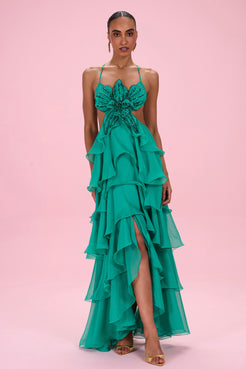 VESTIDO LONGO FLORAL CHIFFON VERDE