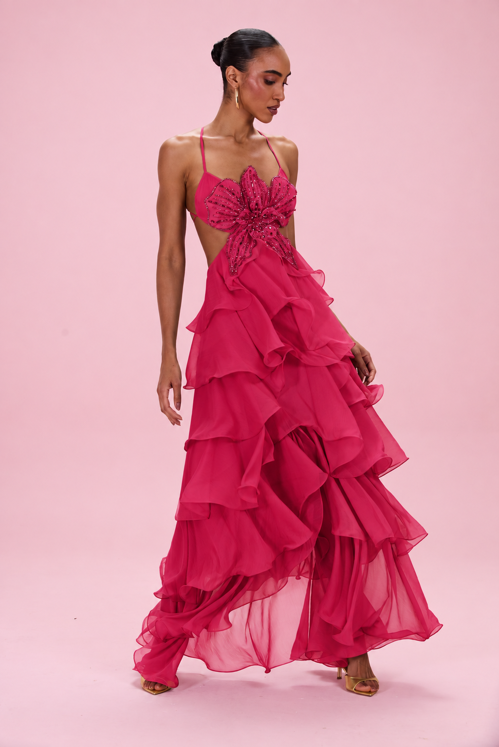 VESTIDO LONGO FLORAL CHIFFON VERMELHO