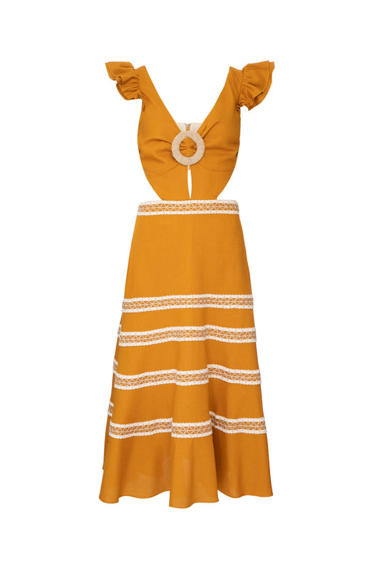 VESTIDO MÍDI ARGOLA PALHA DESERT AMARELO