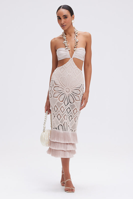 VESTIDO MIDI CROCHET FLOWER BEGE
