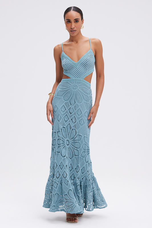 VESTIDO MIDI CROCHET FLOWER  AZUL