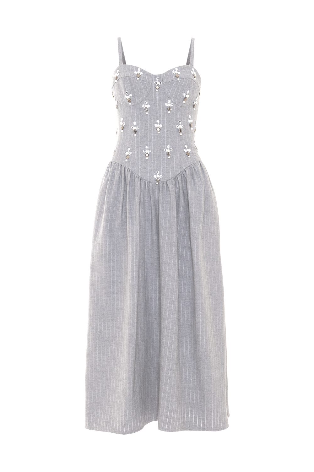 VESTIDO MIDI METALLIC PINSTRIPE CINZA