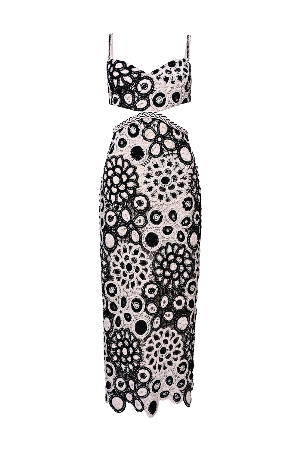 VESTIDO MIDI CORAL CROCHET PRETO E BRANCO