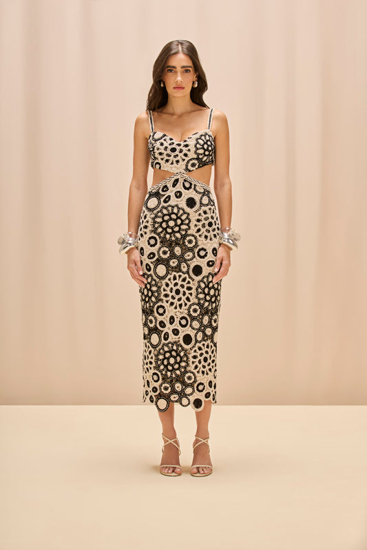 VESTIDO MIDI CORAL CROCHET PRETO E BRANCO