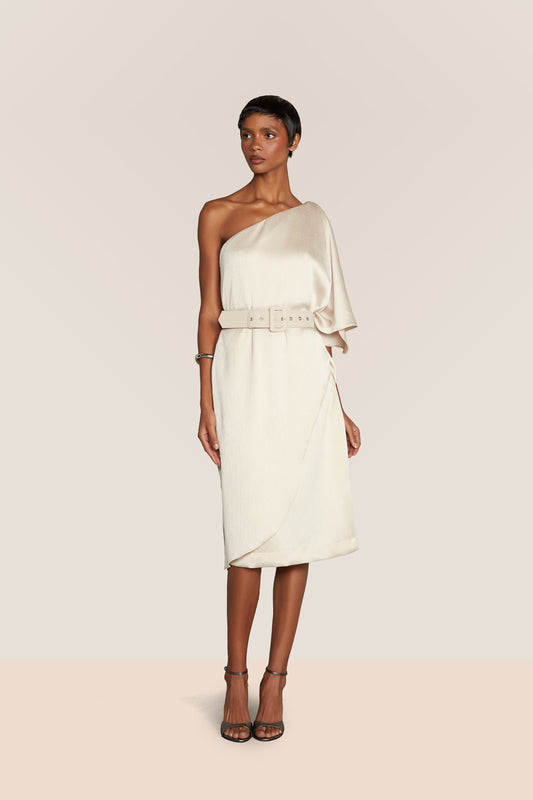 VESTIDO MIDI CETIM OPERA BEGE