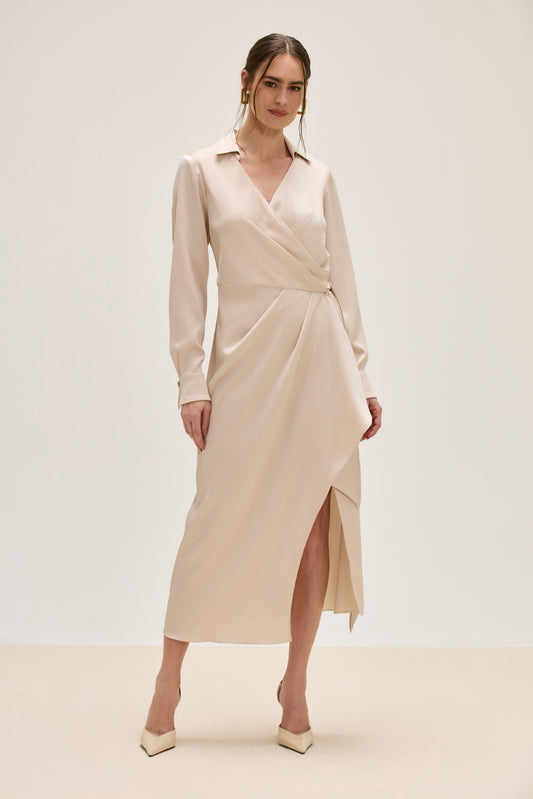 VESTIDO MIDI CETIM OPERA BEGE