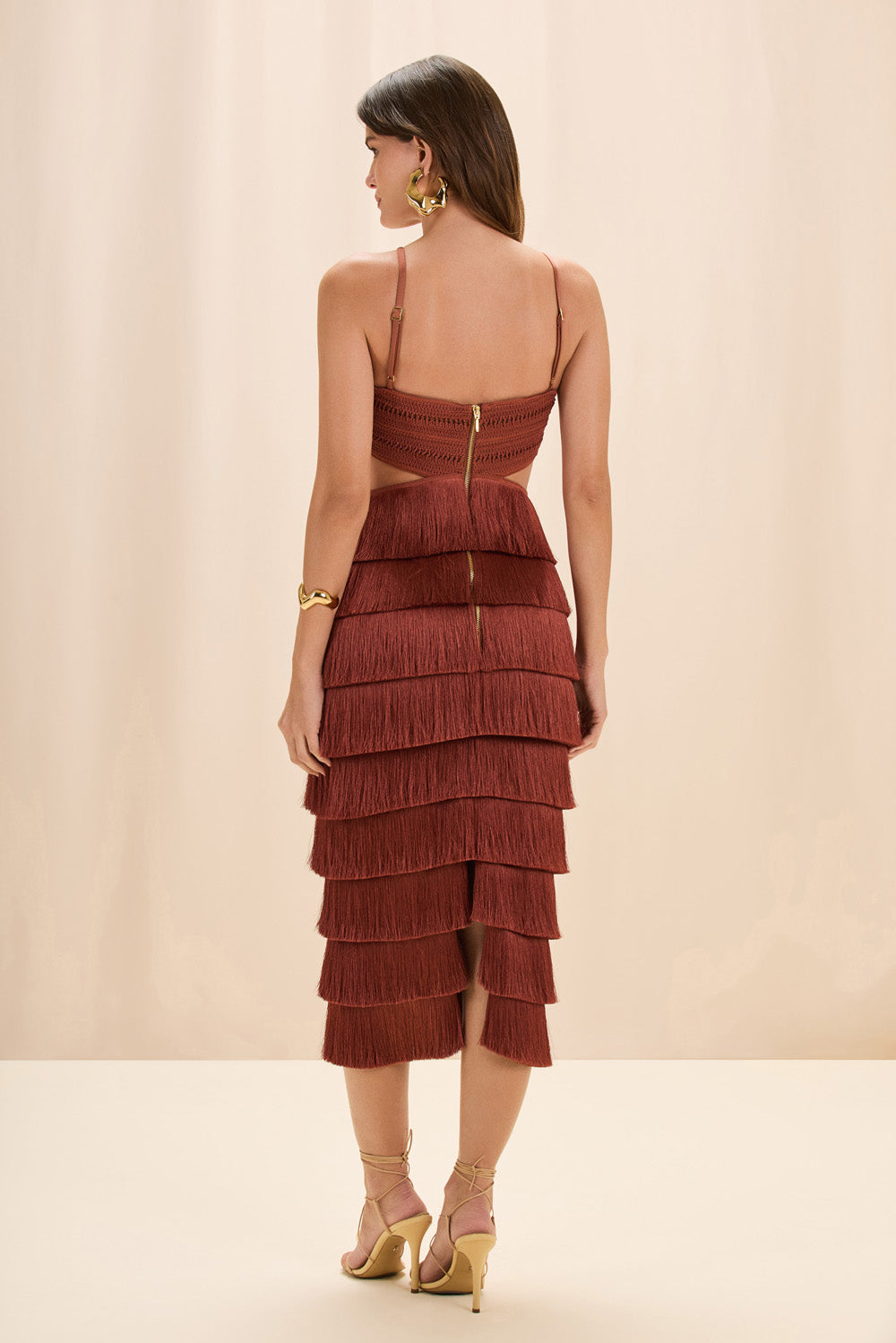 VESTIDO MIDI AMBER FRINGE MARROM