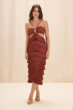 VESTIDO MIDI AMBER FRINGE MARROM