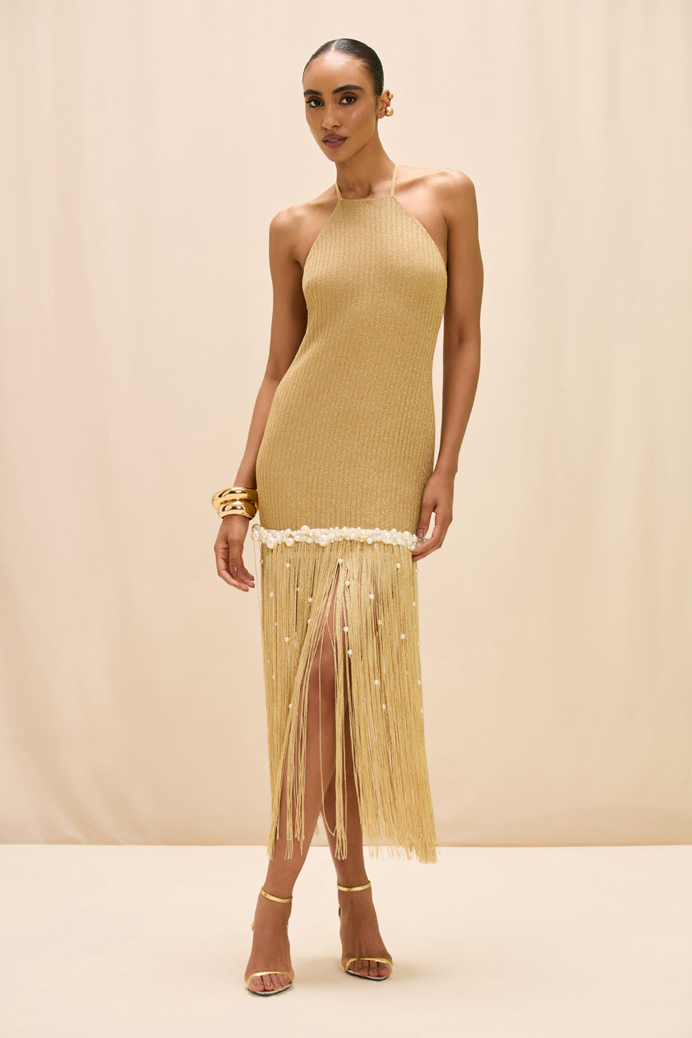 VESTIDO MIDI AUREA CROCHET DOURADO