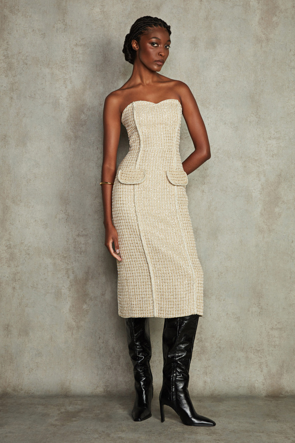 VESTIDO MIDI TWEED DIANA DOURADO