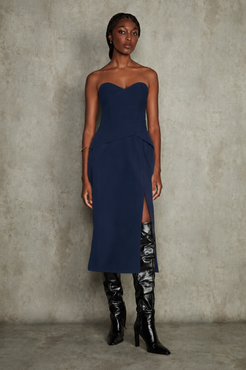 VESTIDO MIDI CETIM OLGA  AZUL MARINHO