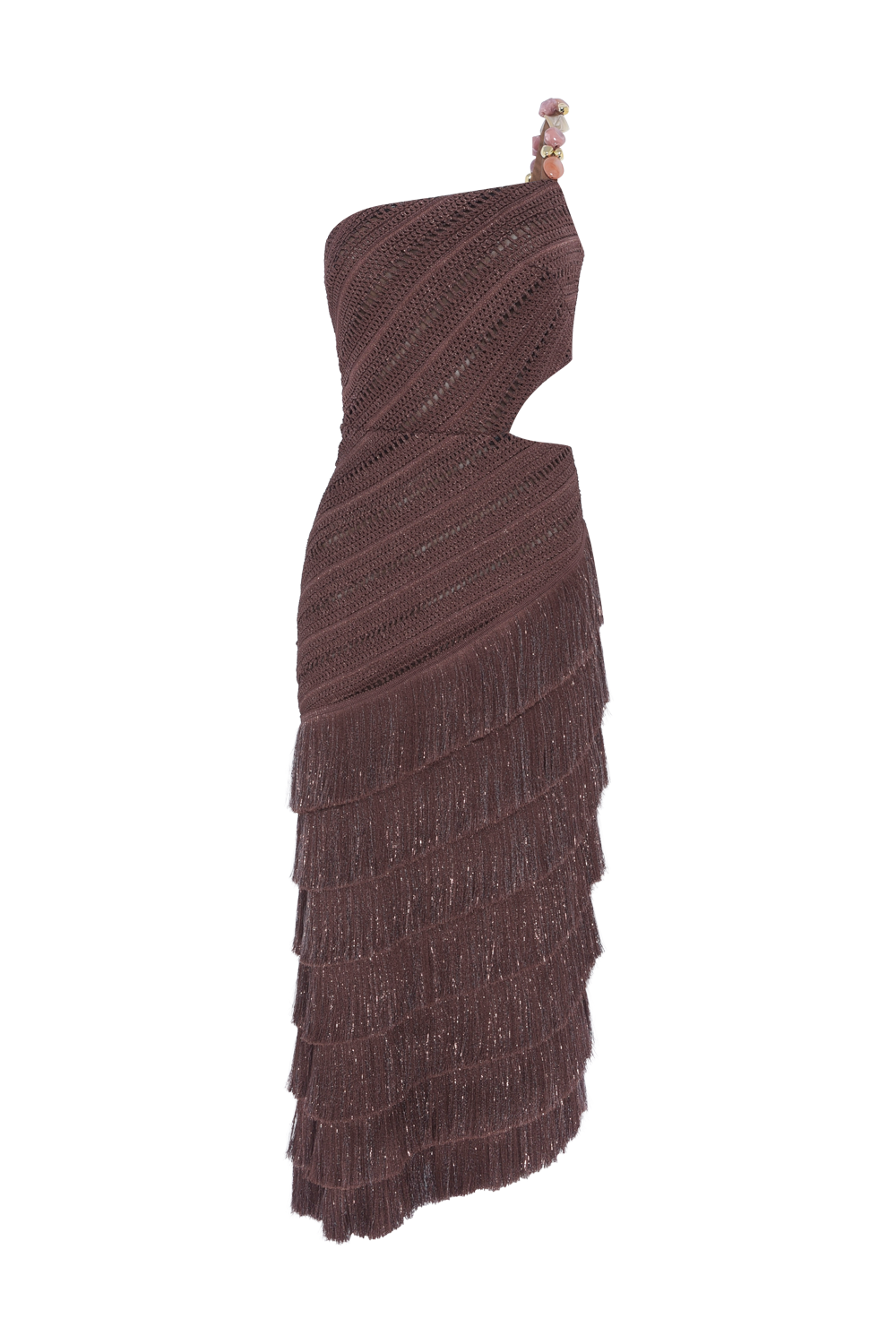 VESTIDO MIDI ZUZU FRINGE MARROM ESCURO