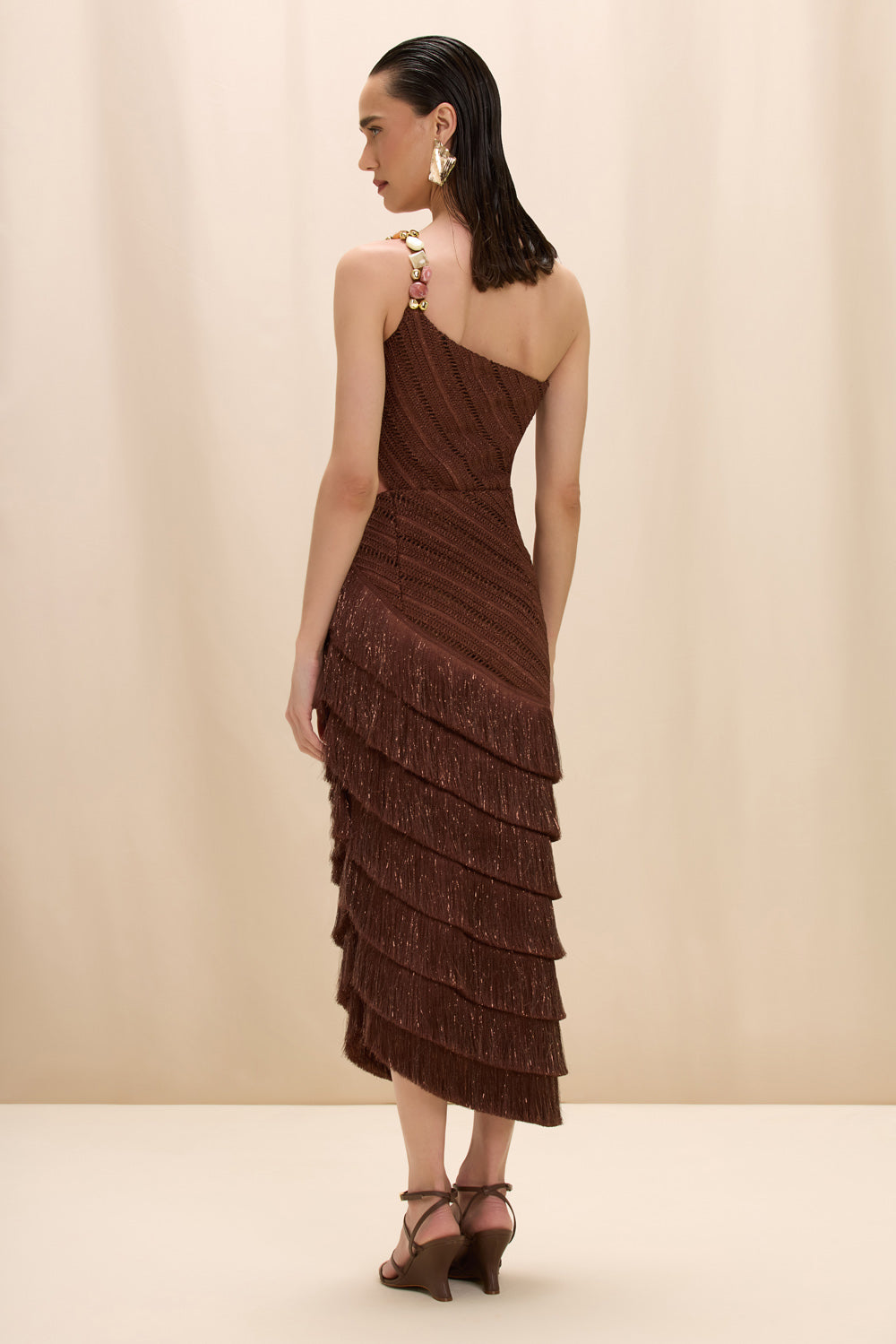 VESTIDO MIDI ZUZU FRINGE MARROM ESCURO