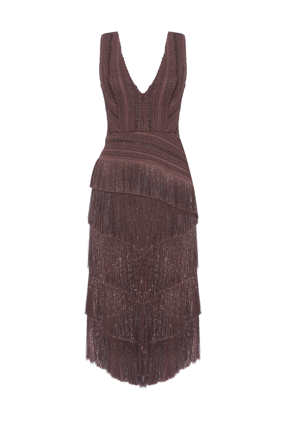VESTIDO MIDI ZUZU FRINGE MARROM ESCURO