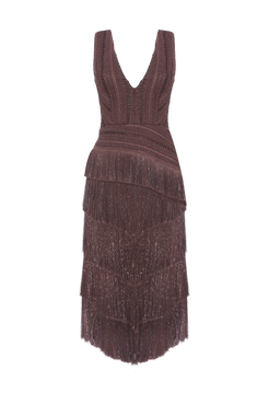 VESTIDO MIDI ZUZU FRINGE MARROM ESCURO