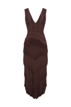 VESTIDO MIDI ZUZU FRINGE MARROM ESCURO