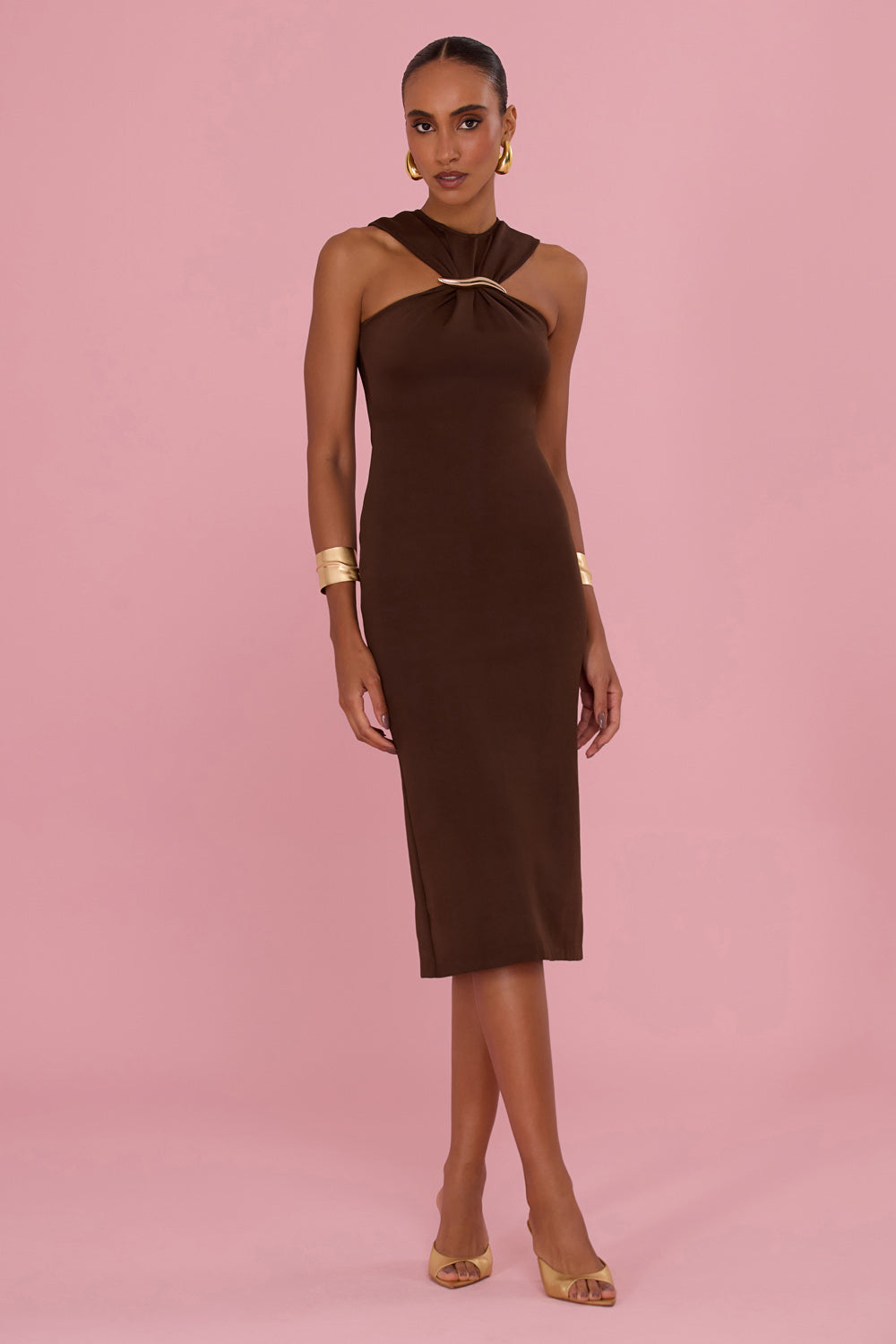 VESTIDO MIDI TRICOT SIREN MARROM