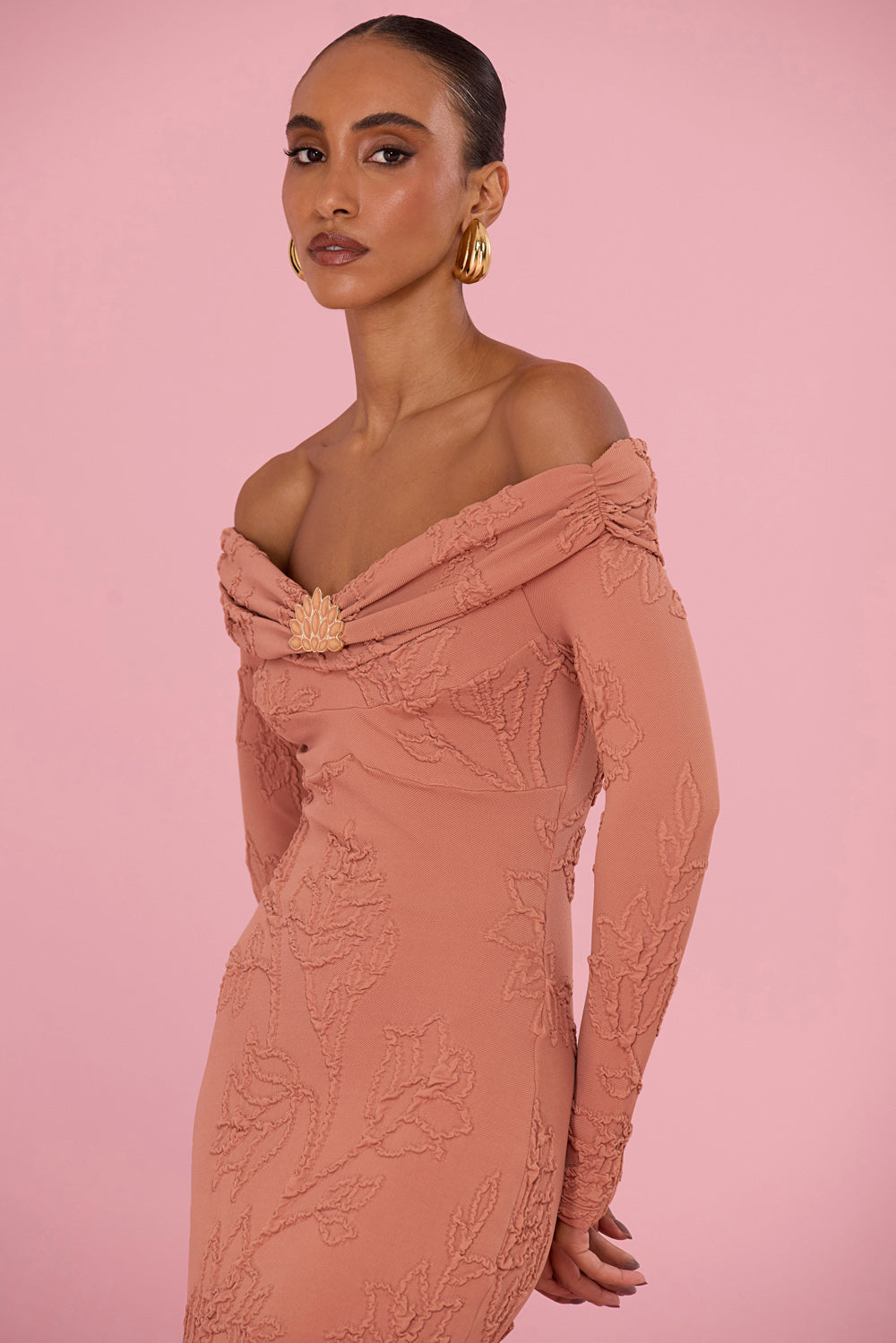 VESTIDO MIDI JACQUARD HAZEL MARROM