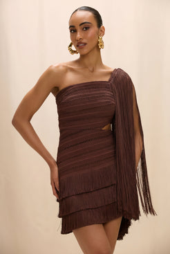 VESTIDO CURTO ZUZU FRINGE MARROM ESCURO